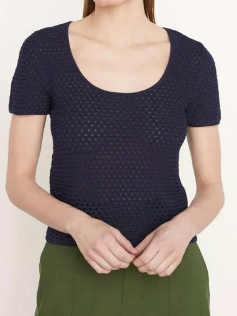 VINCE Open Stitch Short Sleeve Scoop Neck 100% Italian Cotton Sweater L NWT $295